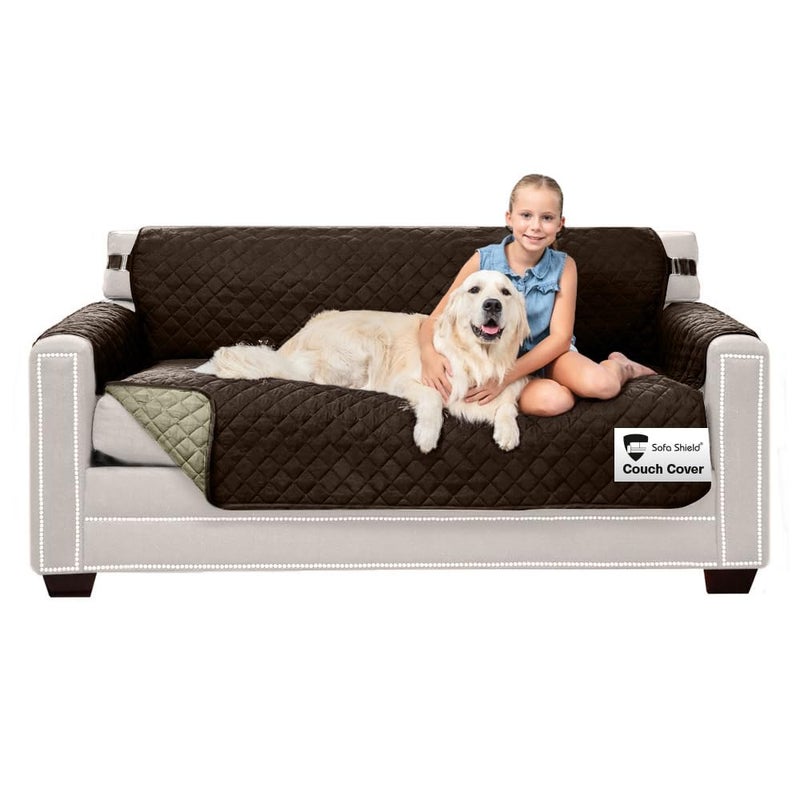 Sofa Shield Couch Slip Cover with Patented Strap, Cushion Protector, US Designed Reversible Stain and Dog Tear Resistant Slipcover, 62 inch Seat, Washable Covers for Dogs Pets, Chocolate Beige - Image 1